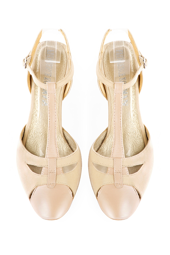 Gold and biscuit beige women's open back T-strap shoes. Round toe. High slim heel. Top view - Florence KOOIJMAN